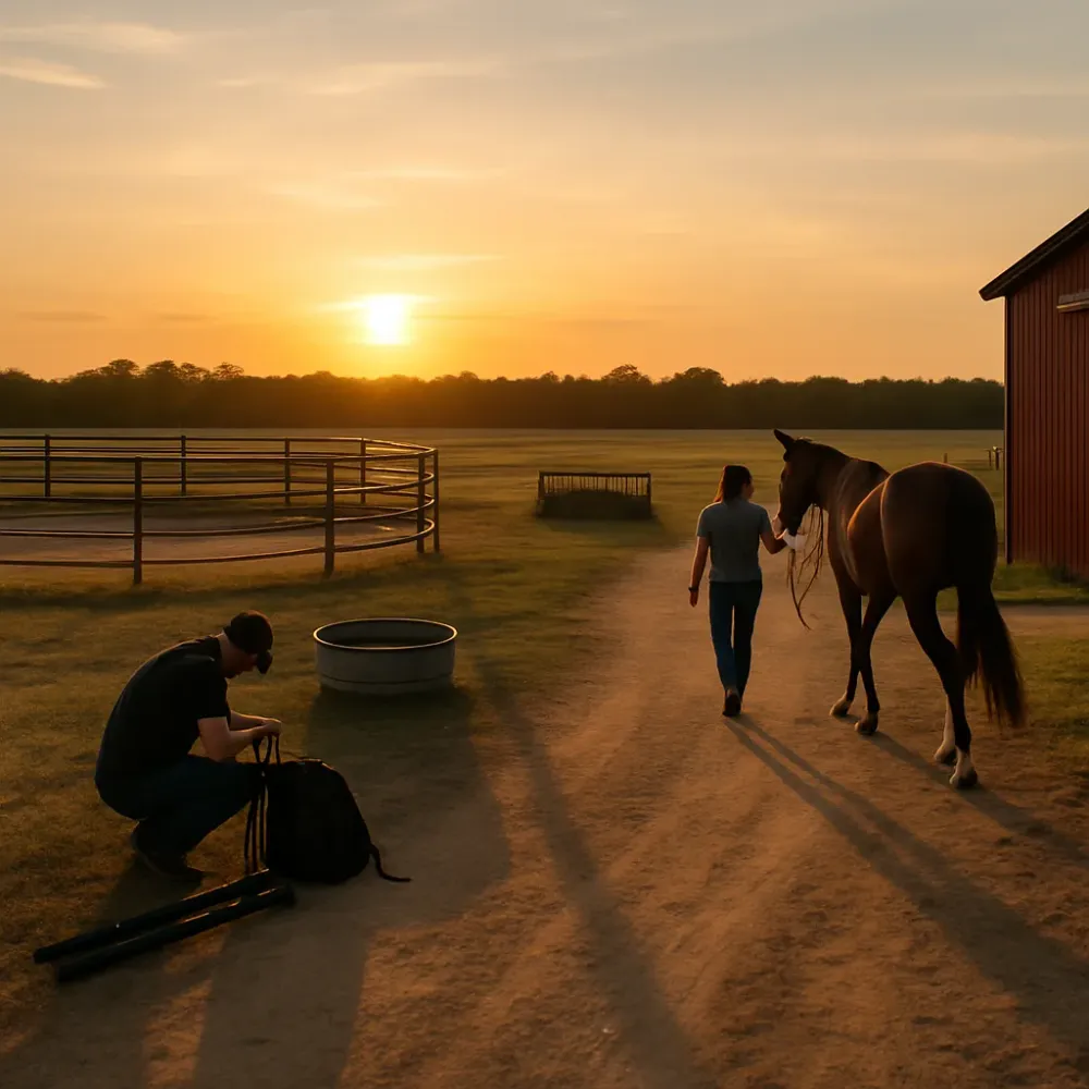 Photographer wrapping up a Hockley horse photoshoot session at golden hour on rural property
