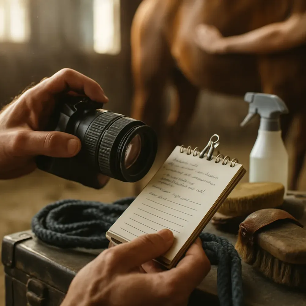 Photographer's pre-shoot preparation notes and grooming tools explaining horse photoshoot cost factors