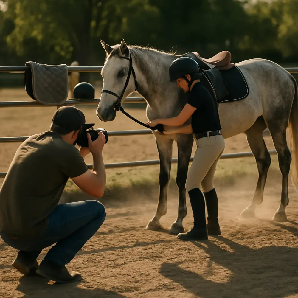 Photographer capturing horse and rider session included in Hockley equine photoshoot package